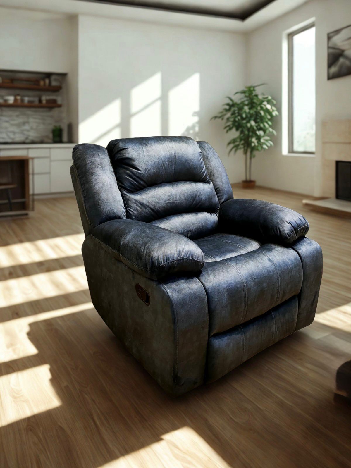 Inverted Leather and Velvet Recliner - Blue