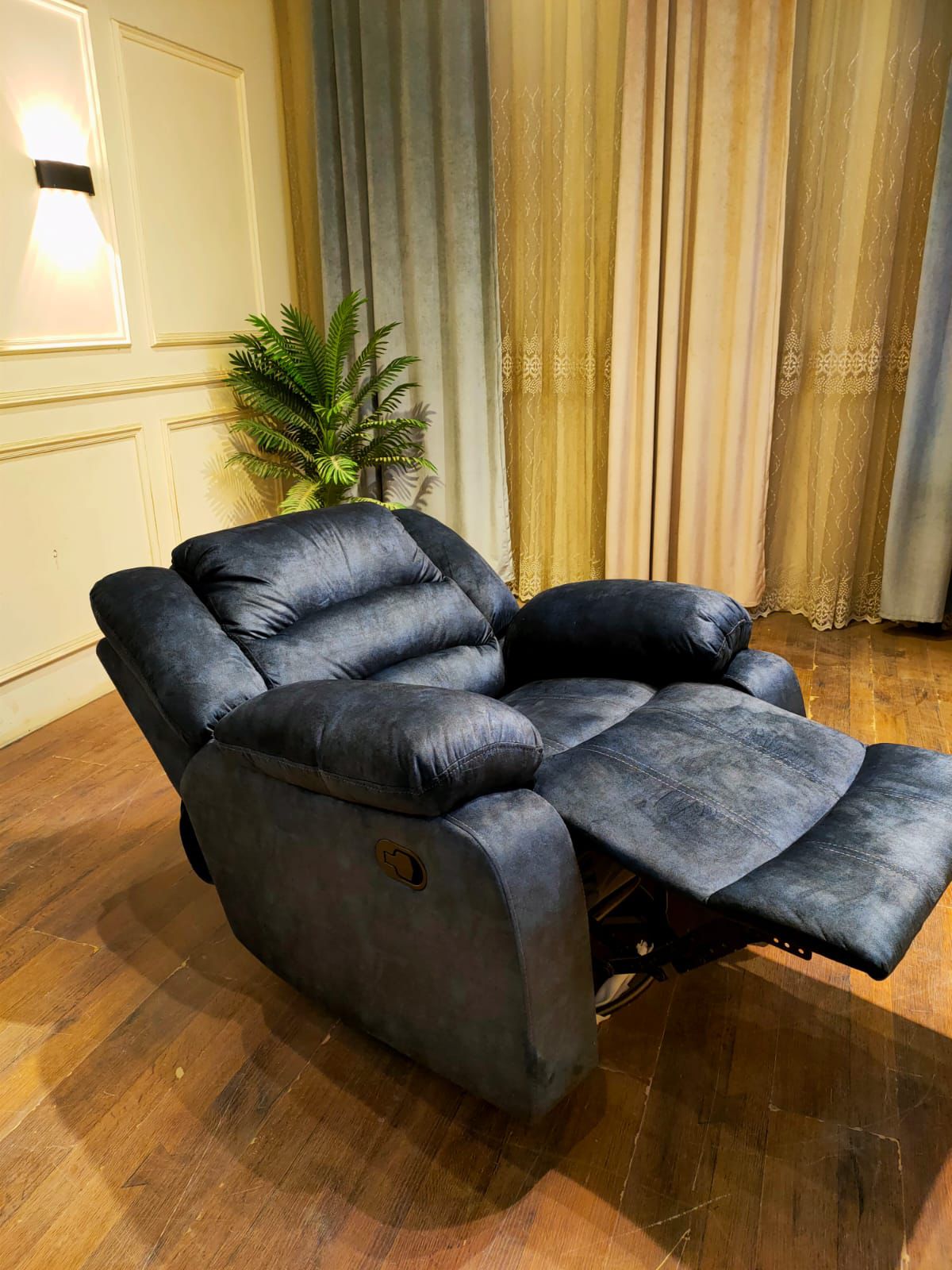 Inverted Leather and Velvet Recliner - Blue