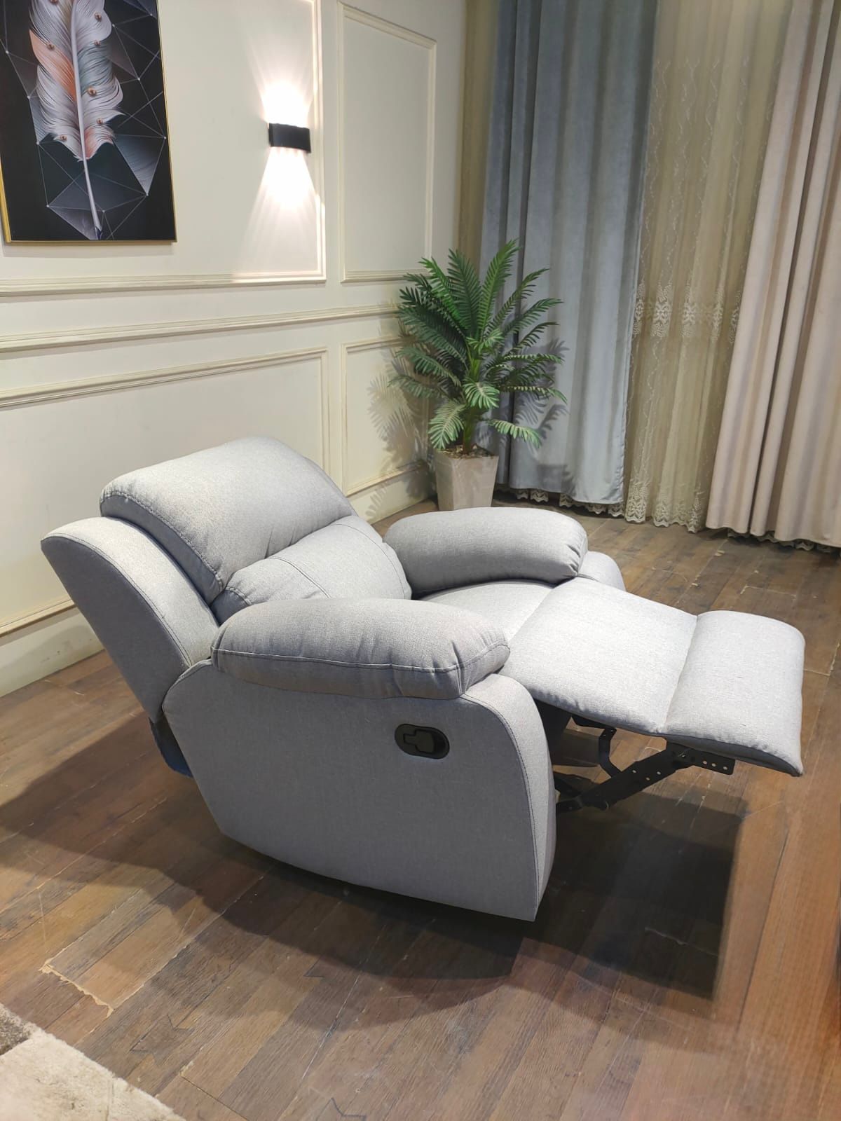 Wood and Linen Recliner - Grey